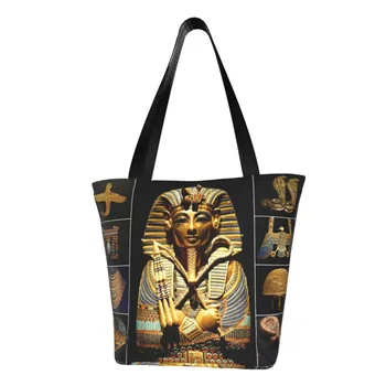 Egiptuse Kuningas Tutankhamun Hieroglyfikirjoitus Toidukaubad Ostukott Lõuend Shopper Õla Kott Suure Mahutavusega Vastupidav Käekott