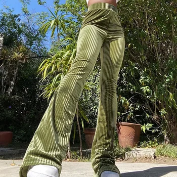 Pikad Püksid 2021 Uus Naiste Vintage Roheline Venitada Põletatud Püksid Tahke Ruuduline Punk Püksid Kõrge Vöökoht Kõhn Vabaaja Püksid Streetwear