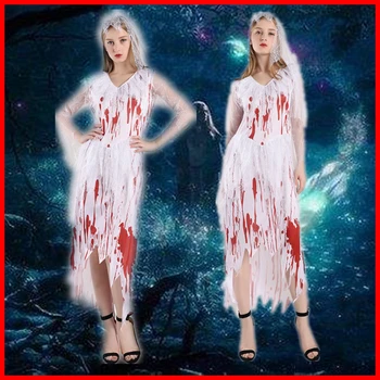 Halloween Naiste Verine Pruut Cosplay Õudus Zombie V-Kaelusel Pits Pea Loor Ebaregulaarne Hem Seelik Ghost Festival Ladies Kostüümid Uus