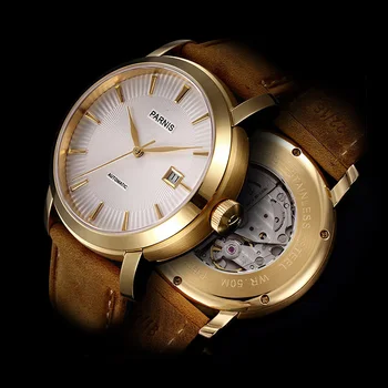 Parnis 41mm Kuld Juhul, Mehhaaniline Automaatne Meeste Watch 21 Pärleid Jaapani Miyota Liikumine Safiir Klaas Nahast Rihm Kellad 2023