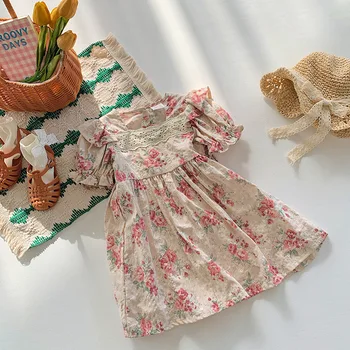 2023 Suvel Uue Prantsuse Vintage Rose Prindi Sõidavad Varruka Tüdrukute Kleit Pitsist Lühikesed Varrukad Ümber Kaela Lapsed 
