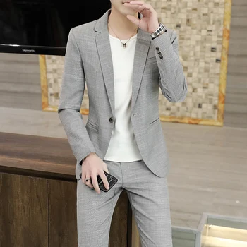 2023-Uus (Pintsak+ Püksid) Meeste Mood Äri Casual korea Härrasmees (Solid Color Pulmad Elegantne Briti Stiilis 2-osaline Ülikond