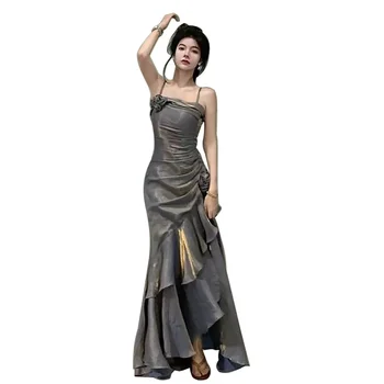 Naiste Bodycon Hem Ruffles Vintage Asümmeetriline Õhtu Pool Kleidid Naistele Suvel Spagetid Rihm Daamid Elegantne Pikk Kleit